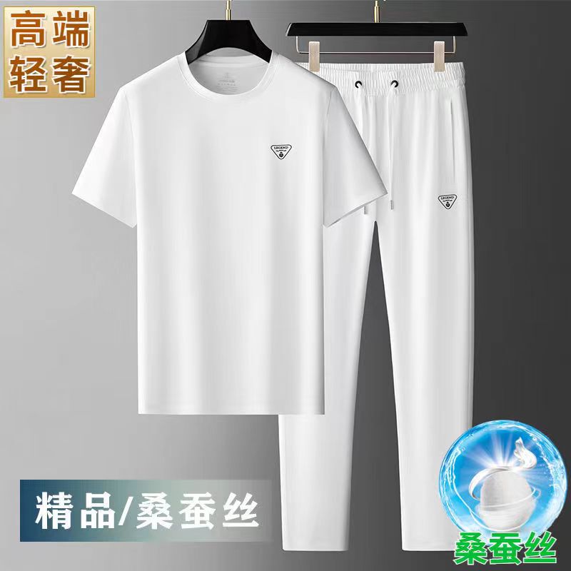 Men's Summer High-End Trendy Brand Short-Sleeve T-Shirt and Ice Silk Casual Sports Pants Two-Piece Set Made of Mulberry Silk