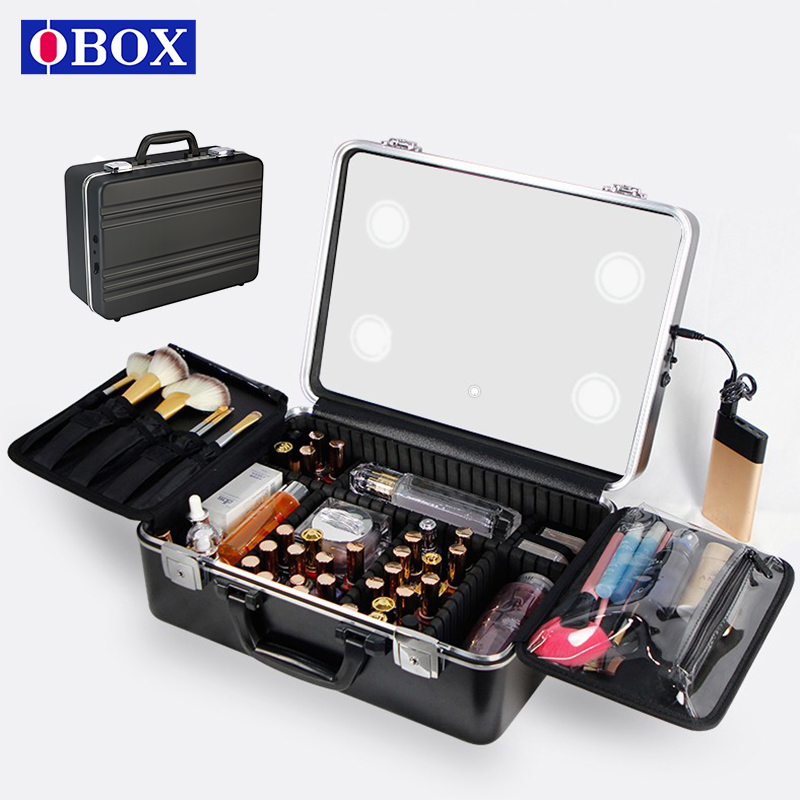 OBOX16 inch professional makeup artist special makeup case with mirror with LED light veins embroidered beauty nail handbag-Taobao