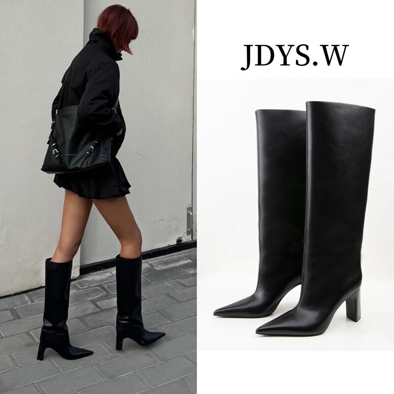 [Modern Paris] Chunky Heel 6.5cm Sheepskin Version Solid Color Minimalist Black Pointed Toe Straight Boots Riding Boots Long Boots