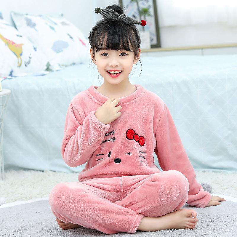 Girls autumn and winter baby coral fleece girls home clothing children flannel children thickened pajama pants set winter