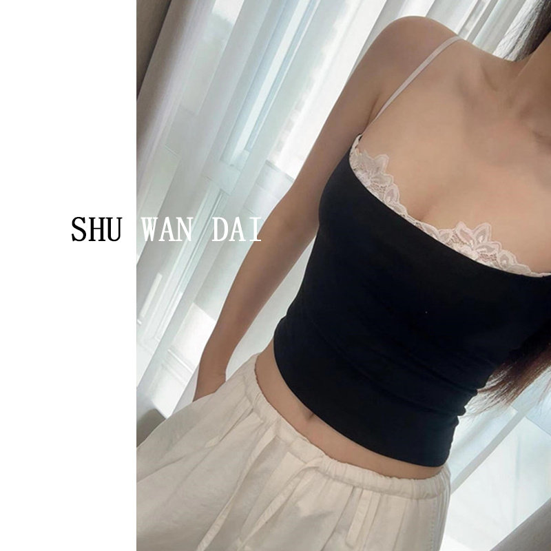 Сексуальная, уникальная и красивая черная кофточка в тайском стиле с кружевной каймой и накладкой на груди, женская верхняя одежда, маленький топ без рукавов