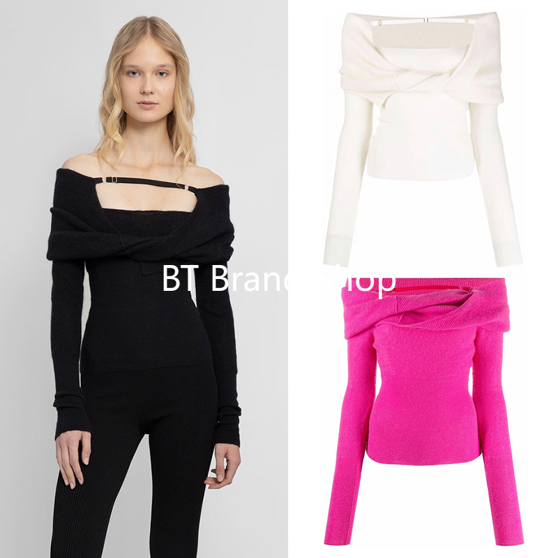 Authentic In-Stock Jacquemus Off-Shoulder Mohair Knit Sweater Slim Fit Knotted Exposed Shoulder Sweater for Women Authentic In-Stock Jacquemus Off-Shoulder Mohair Knit Sweater Slim Fit Knotted Exposed Shoulder Sweater for Women