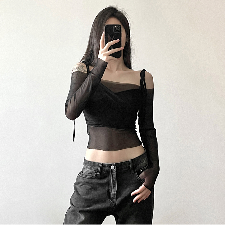 WEIRD PUSS Internet Celebrity Ins Cool Spicy Girl Style Off-Shoulder Mesh Patchwork Slim Fit Vielseitig Langarm_voghion.com