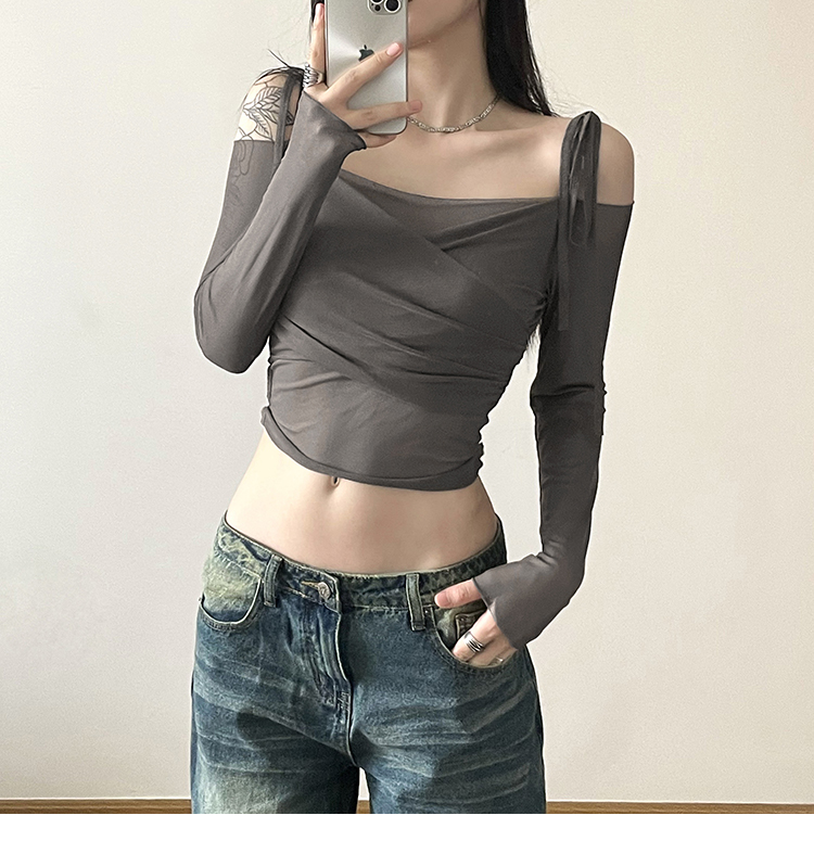 WEIRD PUSS Internet Celebrity Ins Cool Spicy Girl Style Off-Shoulder Mesh Patchwork Slim Fit Vielseitig Langarm_voghion.com