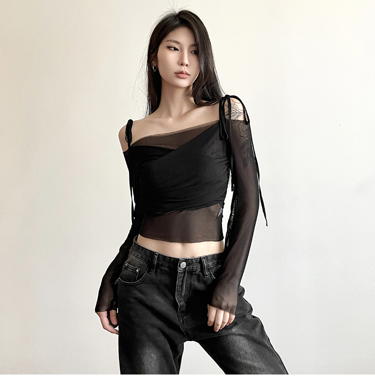 WEIRD PUSS Internet Celebrity Ins Cool Spicy Girl Style Off-Shoulder Mesh Patchwork Slim Fit Vielseitig Langarm_voghion.com