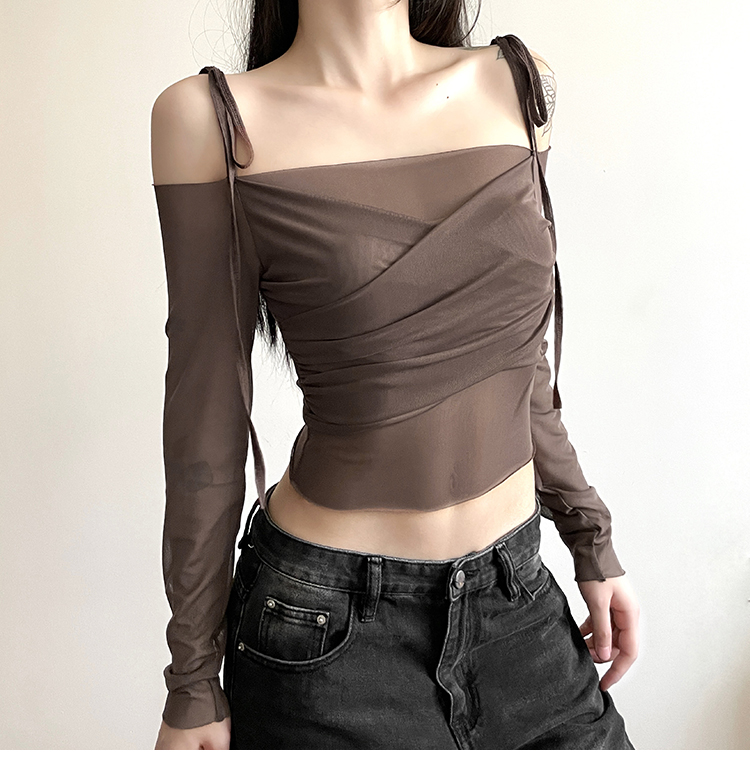 WEIRD PUSS Internet Celebrity Ins Cool Spicy Girl Style Off-Shoulder Mesh Patchwork Slim Fit Vielseitig Langarm_voghion.com