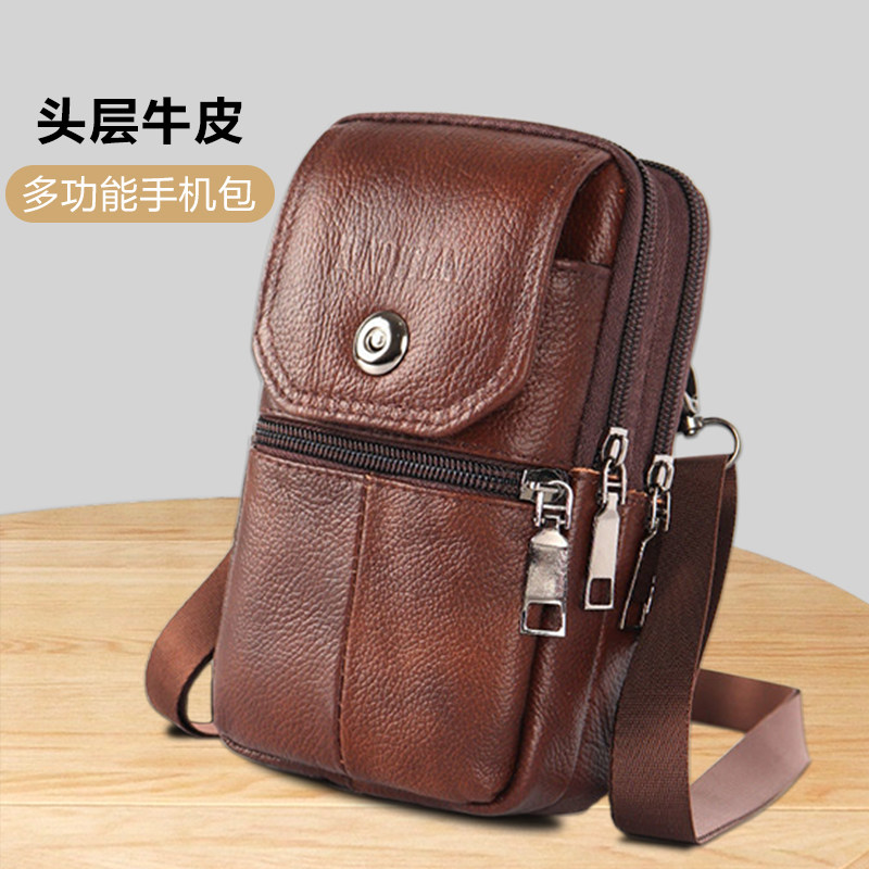 Lena Yan Electra genuine leather men's purse head layer Bull Leather Multifunction hanging bag Single shoulder obliquely satchel bag Hugh waterproof phone bag