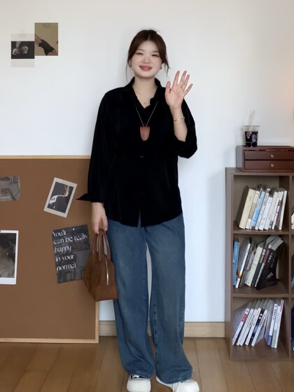 微胖的喵喵大码女装梨形身材mm春季宽松显瘦收腰衬衫长袖上衣0109