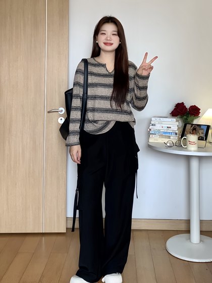 微胖的喵喵 大码女装mm春季宽松显瘦休闲百搭条纹长袖t恤上衣3517