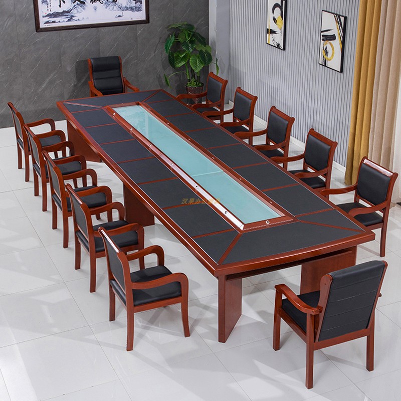 Simple and modern conference table negotiation table leather surface long table density board paste walnut leather strip table glass slot