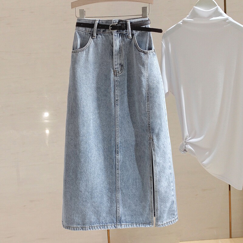 2022 new light-colored high-waisted denim skirt women's mid-length Korean version with slits and thin A-line bag hip long skirt