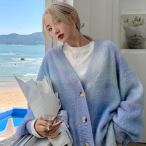 MAJE Dye The Lazy Wind Knit Cardiovert Women V Collar Sweater Spring Han Edition Foreign Air Loose 100 Hitch Jacket Jacket