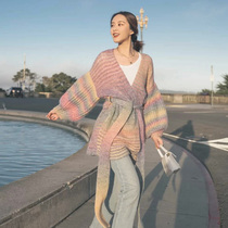 France Maje 2020 Early Spring V Collar Loose Lace Knit Cardiovert Rainbow Color Sweater Jacket Woman