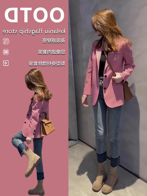 Early Autumn and Winter Popular Style, Elegant and Sophisticated Purple Blazer Paired with Jeans Two-Piece Set for Women