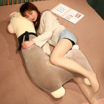 Sleeping adult with a sleeping lamb with a long pillow pillow on a girls bed holding sleeping clip doll