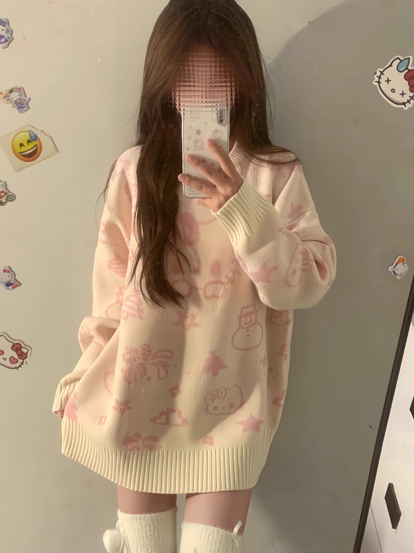 Cartoon Hello Kitty Autumn and Winter Round Neck Pullover Cute Soft Loose Outerwear Lazy Style Petite Autumn and Winter Sweater for Women
