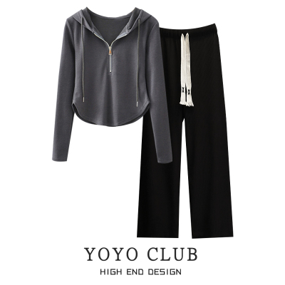 taobao agent YOYO Club large size irregular shoulder -length hat -connected sweater, fat mm casual pants early spring, thin cover, two pieces of meat