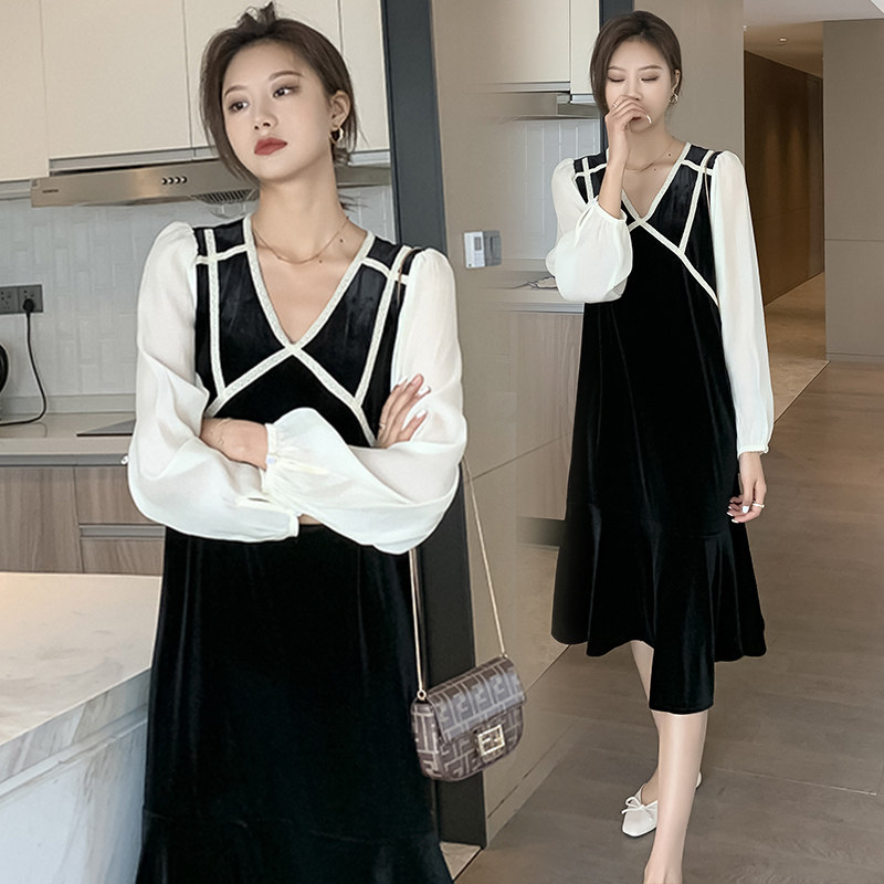 2021 spring new maternity dress mid-length version of the western style net red tide mother long skirt over the knee fashion temperament to reduce age