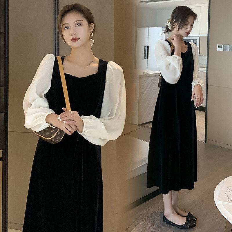 Pregnant women spring dress mid-length Western style fashion stitching net red temperament age-reducing trendy mother long skirt over the knee 2021