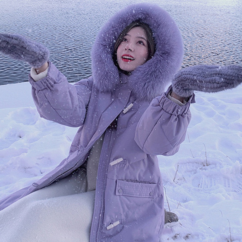(high quality) Large fur collar medium long version over knee cold winter Han version loose thickened down cotton clothing jacket woman