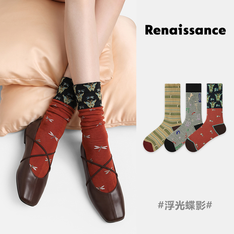Renaissance Original Women's Socks Autumn and Winter Golden Butterfly Mid-Calf Socks Striped New Chinese Style Thin Socks for Women
