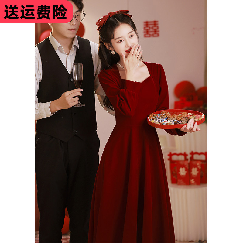 Wedding Banquet Dress, Engagement Dress, 2026 New Style, Everyday Wearable Long-Sleeve Toast Dress, Maternity High-Waisted Plus Size Dress to Cover the Belly