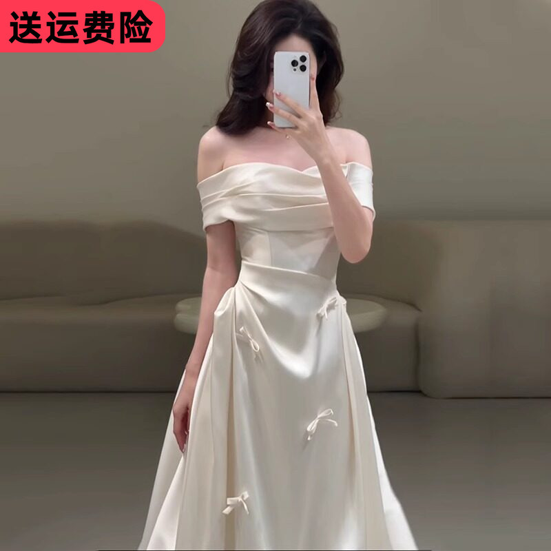One-Shoulder French-Style Light Wedding Dress, Morning Gown, High-End Host White Engagement Dress, Plus-Size Coming-Of-Age Dress