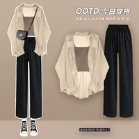 Шелковые штаны, комплект для отдыха, летняя летняя одежда, защита от солнца, 3 предмета, яркий броский стиль, популярно в интернете, в стиле Шанель