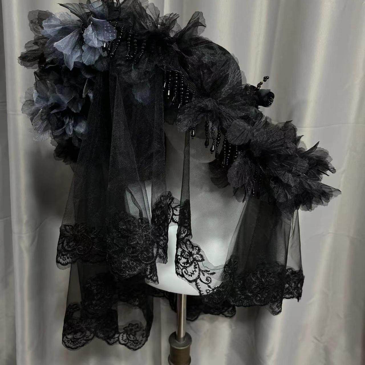 In stock: Black Widow Manor Owner Gothic Handmade Lolita Hat, Lolita Hat with Brim Tassels, Large Black Tulle