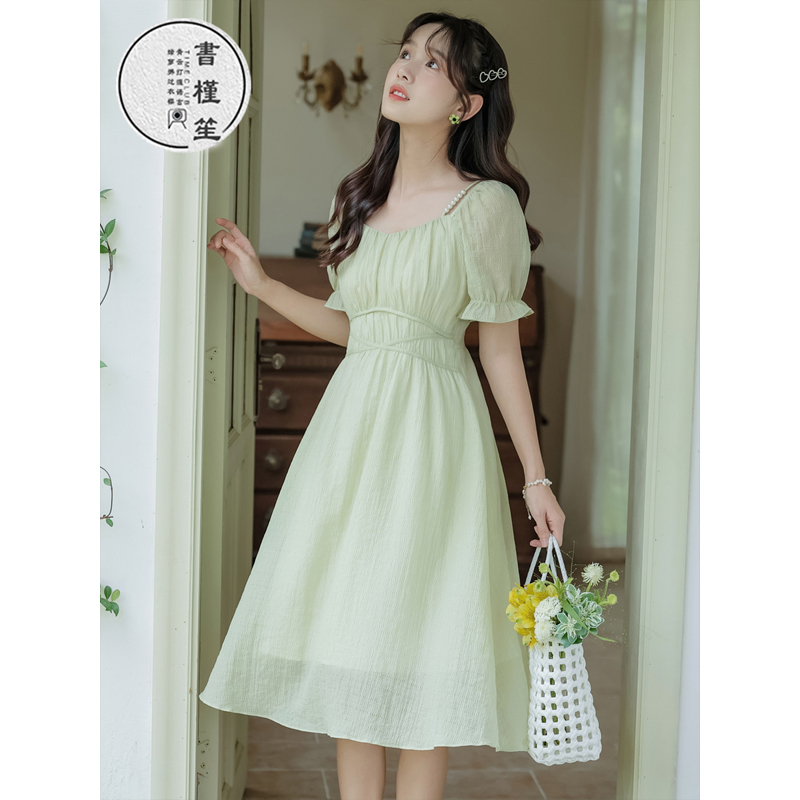 Hibiscus Sheng Petite Elegant Dress Lyocell Small Fresh Avocado Green Sweet Slimming Look Tall Skirt