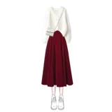 Летнее красное бархатное демисезонное платье, свитер, комплект, юбка, коллекция 2023, городской стиль, год кролика