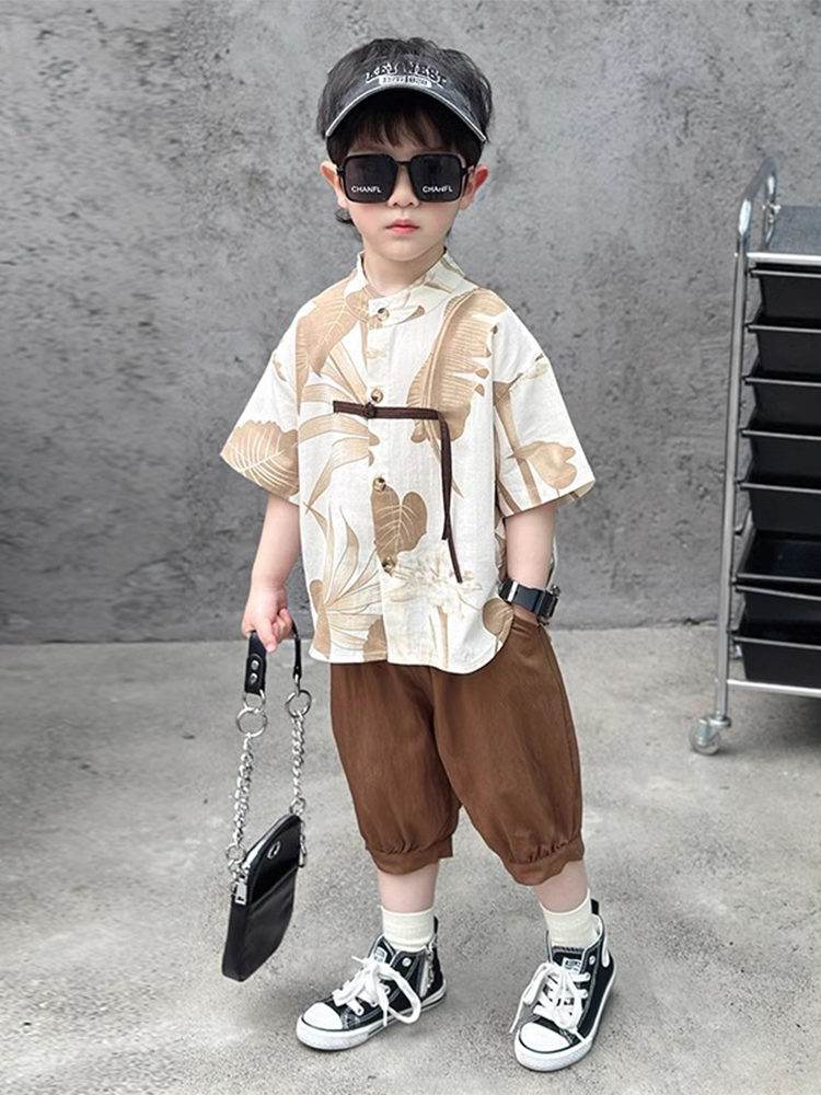 <!--汉服男童夏装衬衫短袖套装2024新款帅气男孩宝宝新中式唐装中国风-->