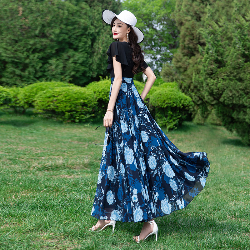 Long Dress for Women, Summer 2025 New Style, Chiffon Print Splicing, Fake Two-Piece, Large Hem, Slimming Ankle-Length Dress