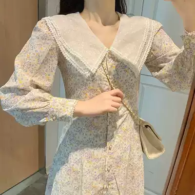 2021 spring and autumn French retro doll collar small floral dress new feminine waist skirt