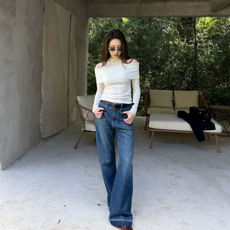 Wang Huanhuan Mslime【Qingcai】100% Cotton Jeans for Women, Vintage High-Waisted Slimming Front Pocket Flared Long Pants Wang Huanhuan Mslime【Qingcai】100% Cotton Jeans for Women, Vintage High-Waisted Slimming Front Pocket Flared Long Pants