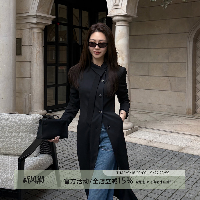 Wang Huanhuan Mslime【Quiet Luxury】Sheep Wool Trench Coat for Women with Ribbon, Stand Collar, Diagonal Button Design, Black Coat Wang Huanhuan Mslime【Quiet Luxury】Sheep Wool Trench Coat for Women with Ribbon, Stand Collar, Diagonal Button Design, Black Coat