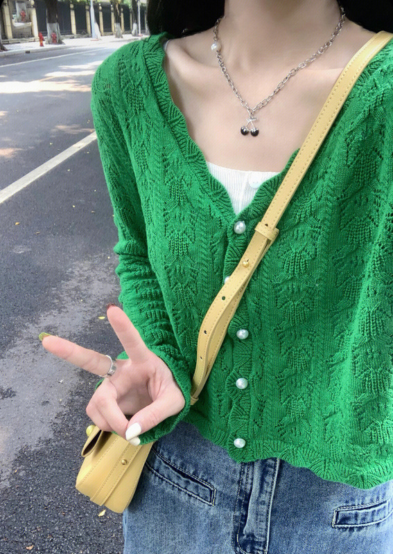 Green Short Ice Silk Knitted Cardigan for Female Students, Thin Outerwear for Spring and Autumn, Shawl Blouse, Long-Sleeved Top, Jacket