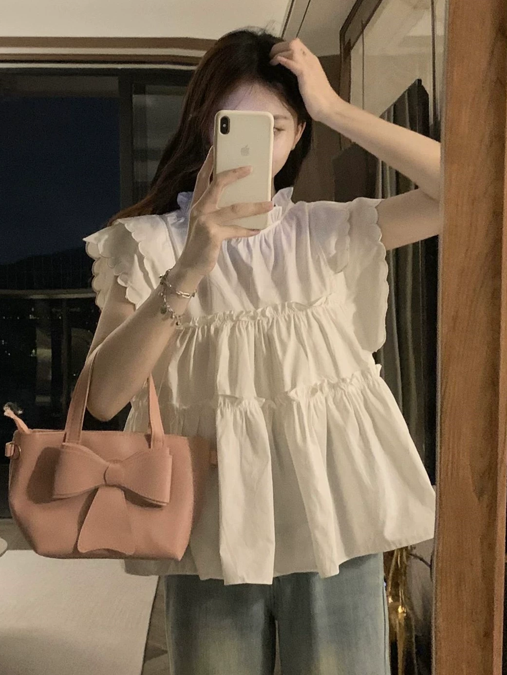 Cute summer white shirt for students sleevless, french style