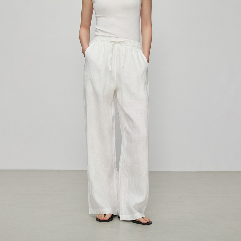 Dayan Wardrobe 100% Linen White Elastic Waist Slightly Wide Leg-Lengthening Straight Casual Pants Dayan Wardrobe 100% Linen White Elastic Waist Slightly Wide Leg-Lengthening Straight Casual Pants