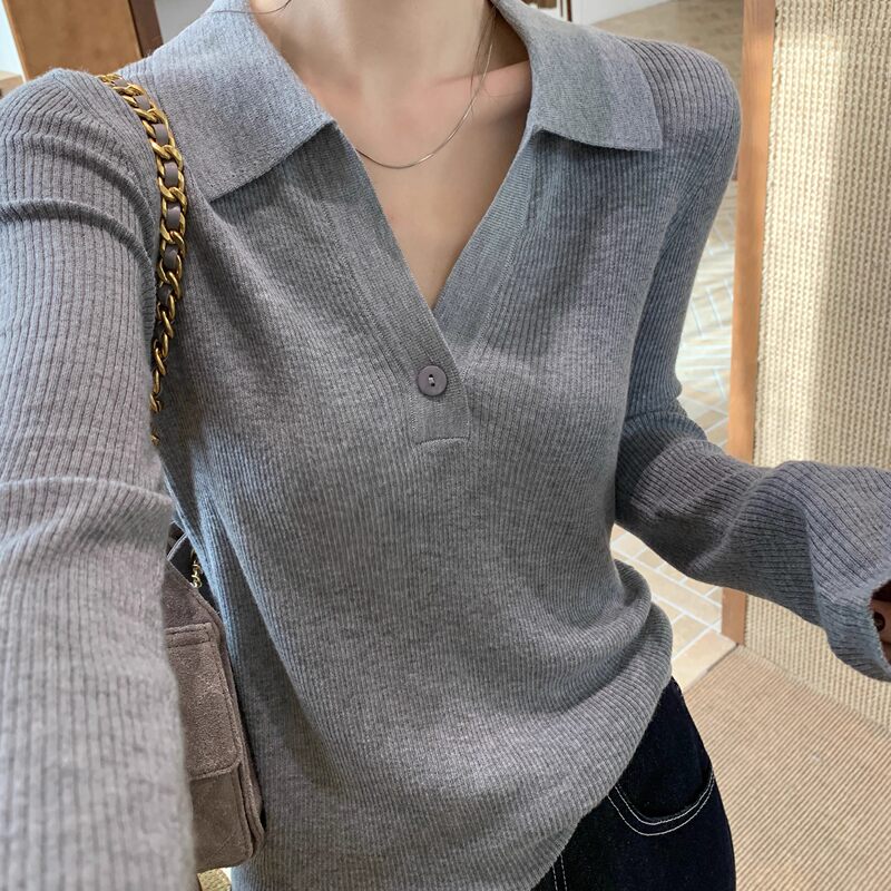 Runxi3956 Half-Open Polo Collar Knitted Sweater for Women, Autumn Old Money Style, Simple Ribbed Straight Shoulder Long Sleeve Top Runxi3956 Half-Open Polo Collar Knitted Sweater for Women, Autumn Old Money Style, Simple Ribbed Straight Shoulder Long Sleeve Top