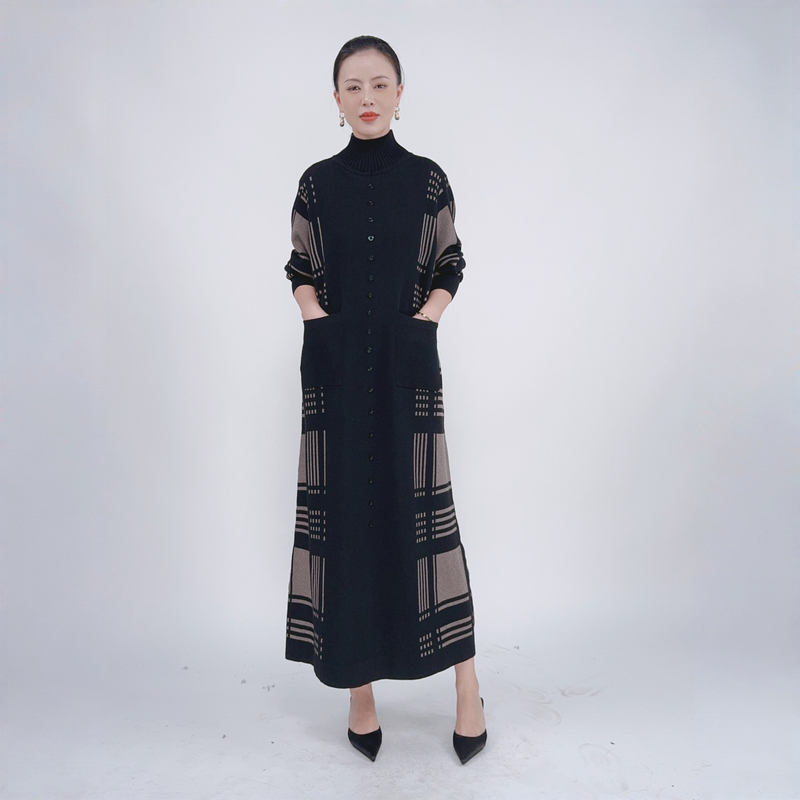 B276 High-Neck Black and Apricot Color-Blocked Button-Down Wool Dress for Women, Loose Fit, Plus Size, Fashionable Long-Sleeve Over-The-Knee Dress