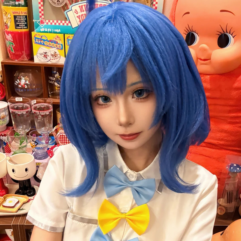 Defeated Heroine Yanaami Kanae Cosplay Wig Blue Fluffy Realistic Scalp Rose Net Medium-Length Hair Full Wig