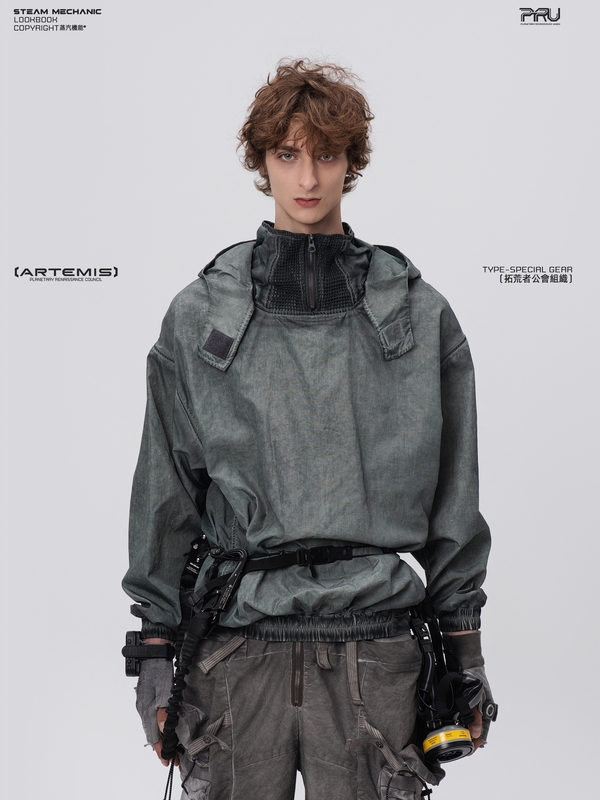 Steam Steampunk Wasteland Dirty-Dyed Distressed Stand-Up Collar Zip-Up Outdoor Jacket with Detachable Hood and Mesh Back Sweatshirt Steam Steampunk Wasteland Dirty-Dyed Distressed Stand-Up Collar Zip-Up Outdoor Jacket with Detachable Hood and Mesh Back Sweatshirt