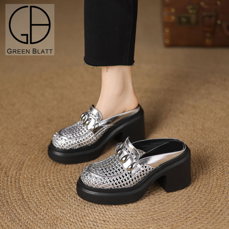 Hollow-Out Closed-Toe Slippers for Women, Summer Outdoor Wear, 10cm High Heel, New Style, Silver Thick-Soled Chunky Heel Half-Mule Shoes S375
