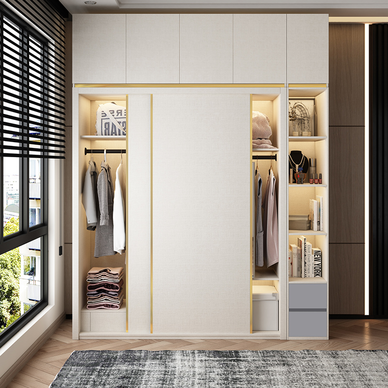 Sliding door wardrobe home bedroom white light luxury sliding door Nordic overall storage sliding door wooden large wardrobe