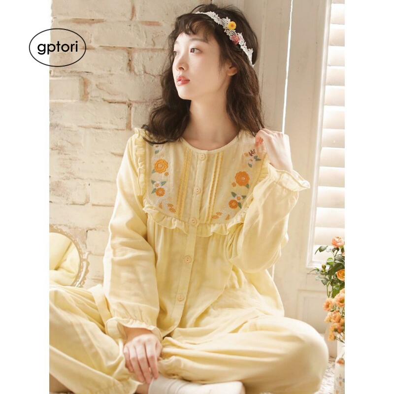 Japanese Gp Pure Cotton Pajamas for Women, Spring and Autumn 2026 New Two-Piece Set, Three-Layer Gauze, Sweet Long-Sleeved Loungewear