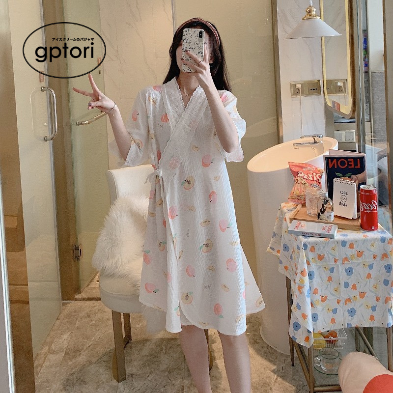 Japanese summer breastfeeding nightdress short-sleeved maternity pajamas spring and autumn pure cotton gauze summer thin section postpartum confinement clothing summer