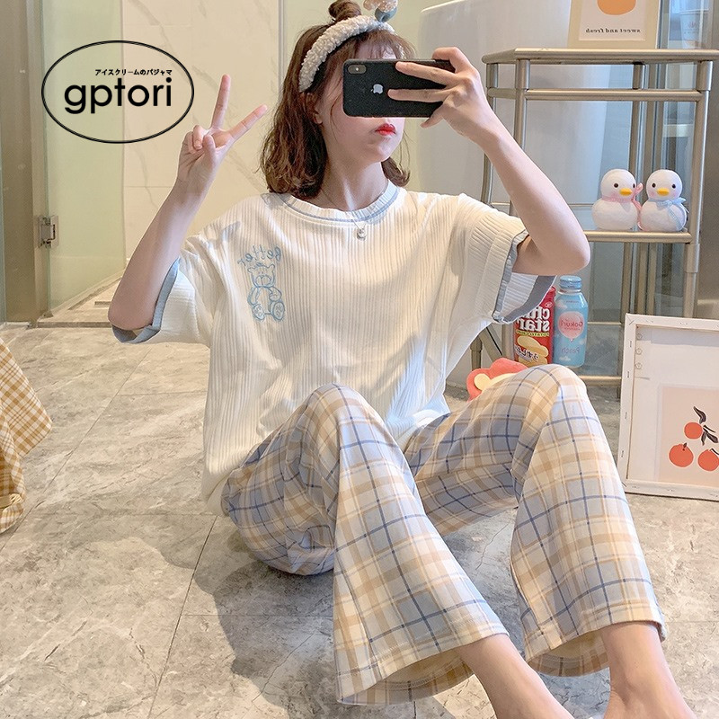 Japanese pajamas women's cotton summer short-sleeved trousers new net red hot style can go out two pieces home service suit summer