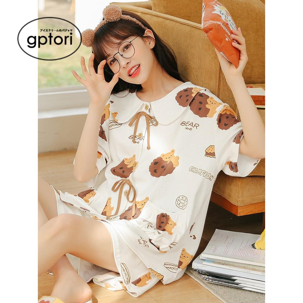 Japanese pajamas women summer cotton short sleeve thin two pieces of summer net red lovely student home suit