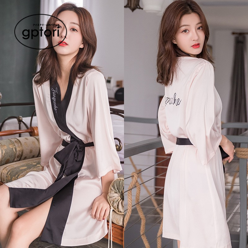 Japanese spring and summer ice silk dress girl dressing gown silk original design dressing robe simulation silk dressing gown